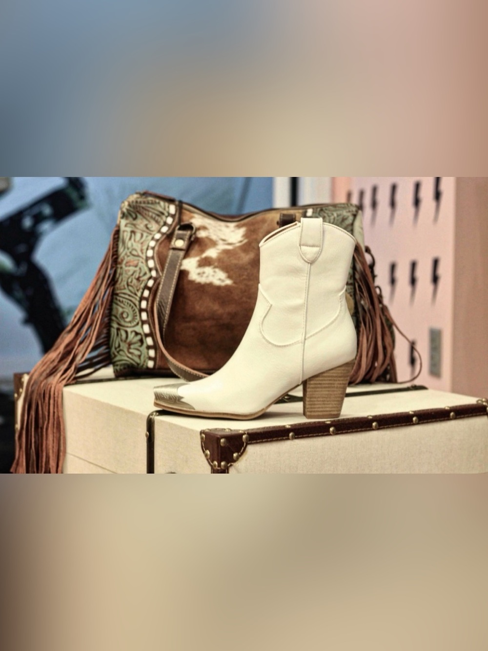 White Western Ankle Boots with Brown Stacked Heel